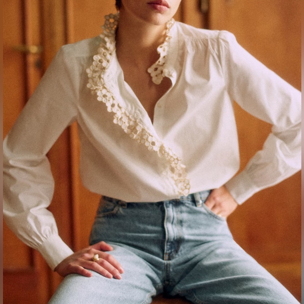 Sezane Chlo Shirt Ecru Embroidery Small Flowers